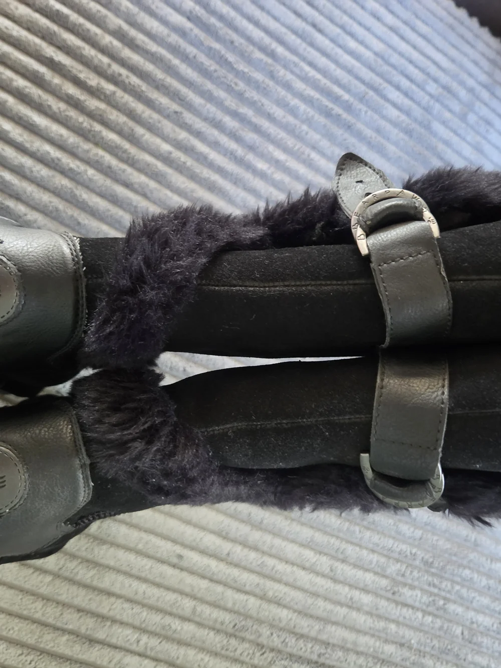 BearPaw Women’s Black Faux-Fur Winter Boots with Strap Detail